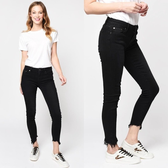 NWT PISTOLA Mid Rise Washed Black Denim Ankle Cropped Fray Hem Skinny Jeans 27 - Picture 1 of 6